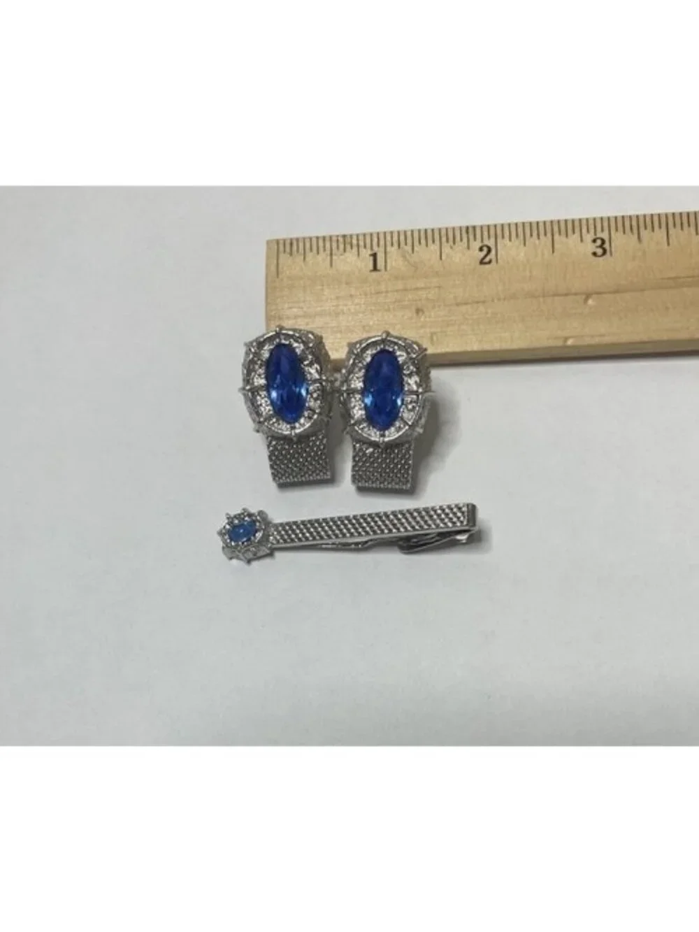 Vintage Mesh Cufflinks/Tie Clip Set Blue Rhinestone Silver Tone Retro MCM Dapper